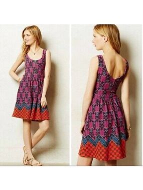 Anthropologie Maeve Sleeveless Pink & Orange Patterned Scoop-Back Sundress